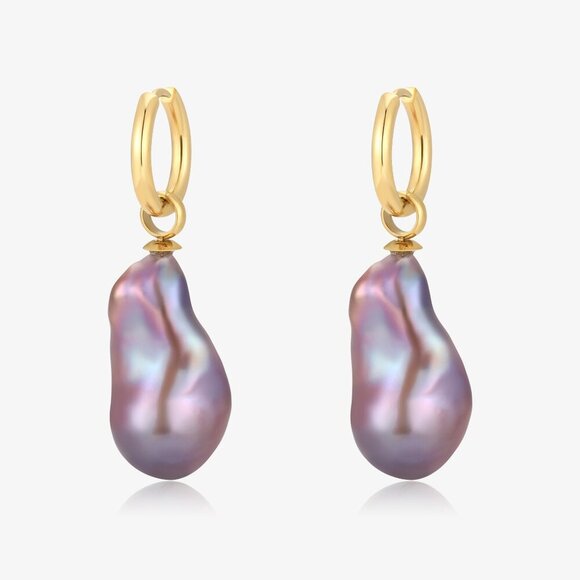 Simple Hoop Style Flame-ball Baroque Fresh Water Pearl Dangle Earrings - Picture 2 of 2